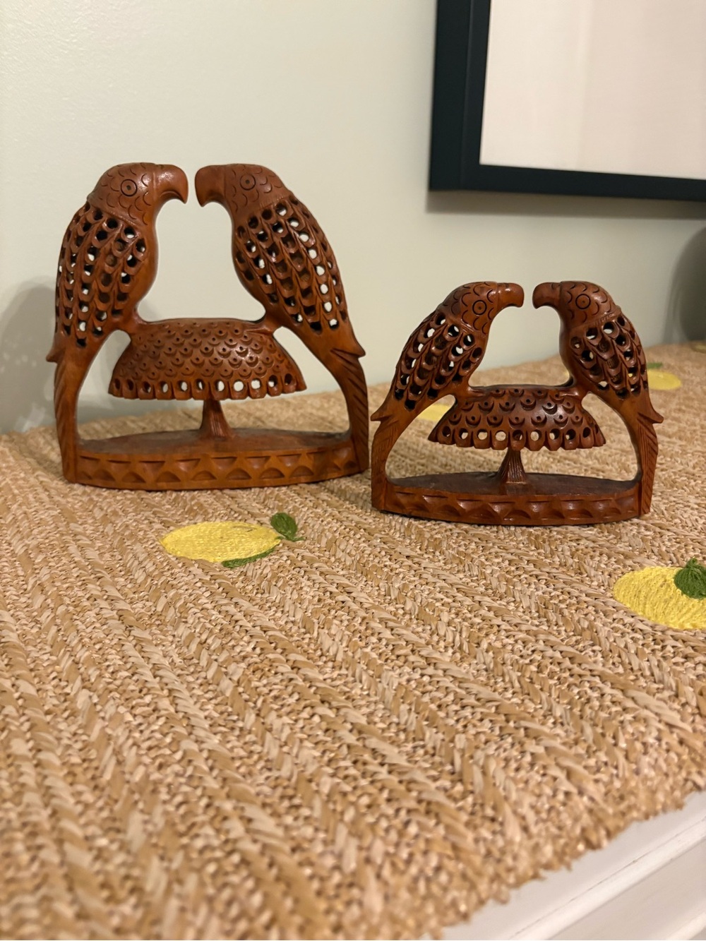Set of 2 Vintage Hand Carved Jali Wood Bird Figurines India Boho Folk Art Decor